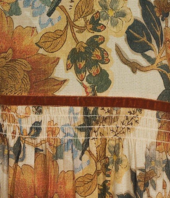 Ro's Garden Robin Floral Print Round Neck 3/4#double; Puff Sleeve Smocked Waist Tiered A-Line Midi Dress Product Image