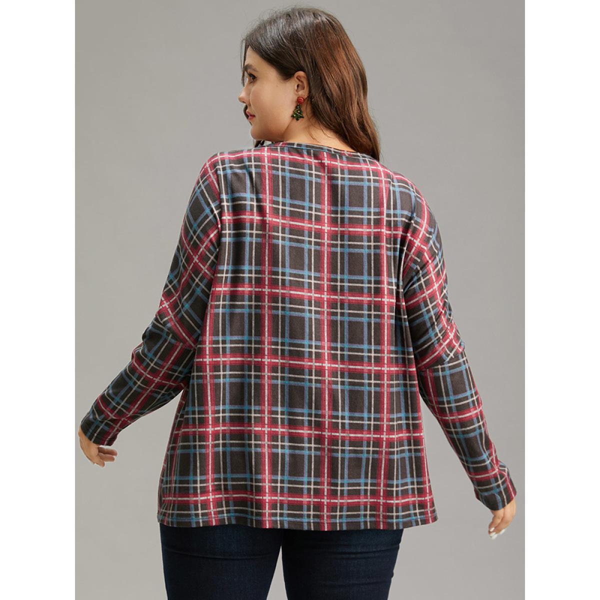 Plus Size Plaid Dolman Sleeve Round Neck T-shirt Multicolor Women Casual Contrast Plaid Round Neck Festival-Christmas T-shirts BloomChic 30/6X Product Image