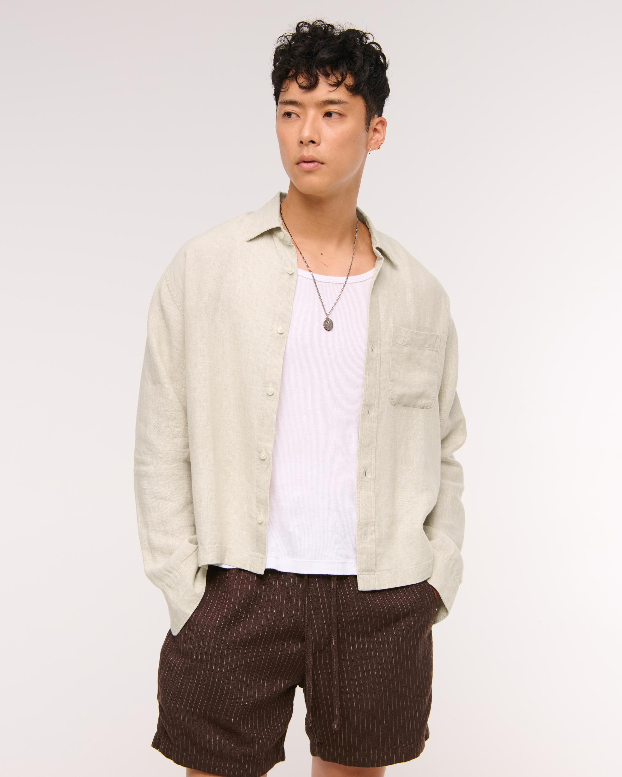 Cropped Linen Button-Up Shirt Product Image