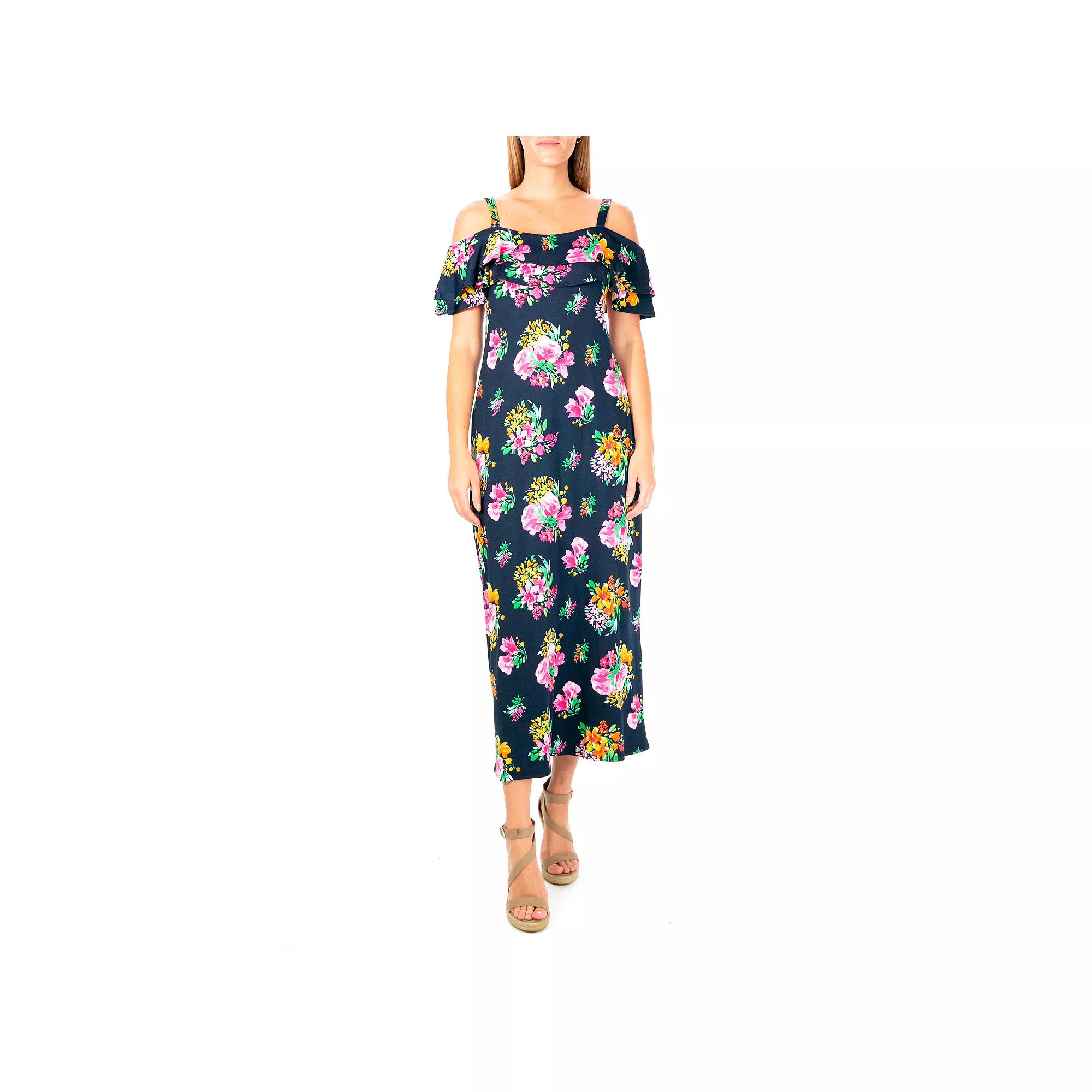 Women's Nina Leonard Floral Cold-Shoulder Maxi Dress, Size: Small, Blue Team Product Image