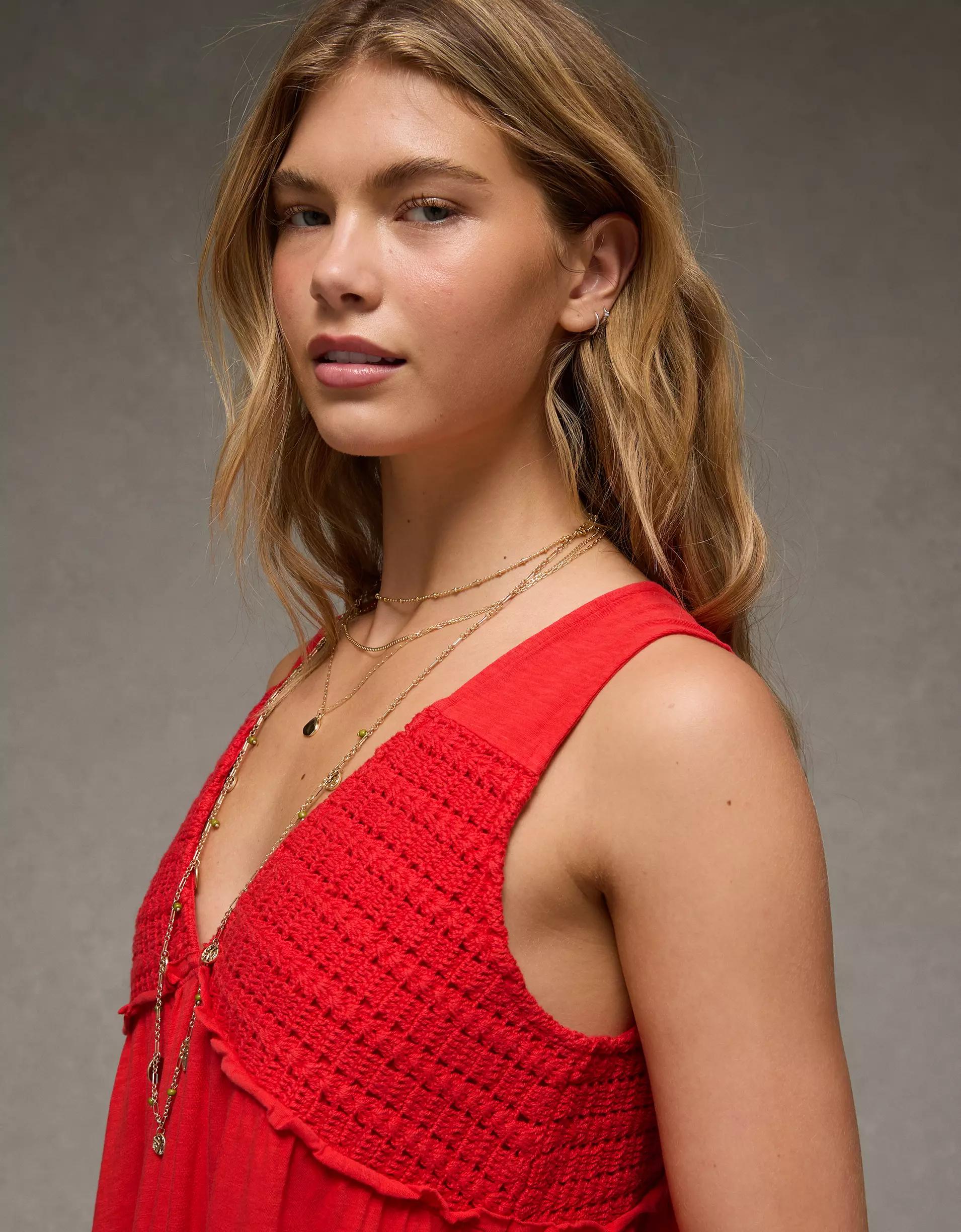 AE Sunchaser Knit V-Neck Crochet Mini Dress Product Image