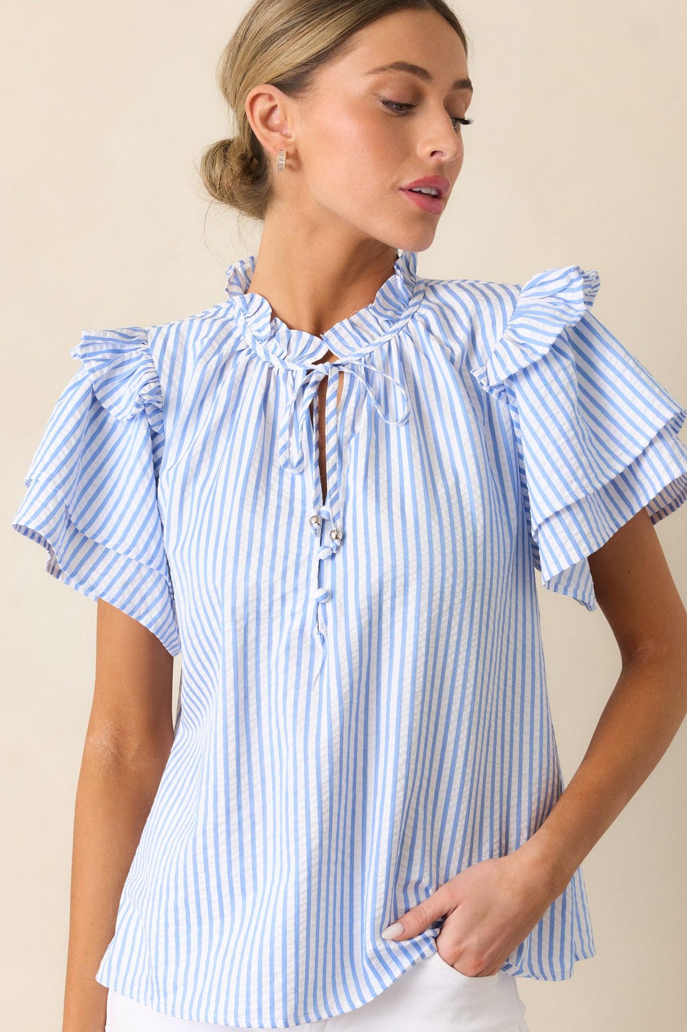 Meet Me for Lunch Blue Stripe Ruffle Sleeve Blouse Product Image