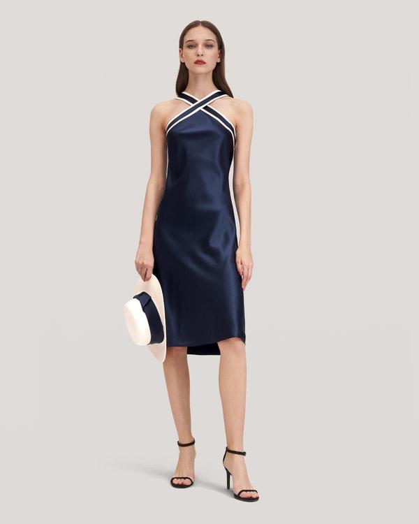 Glossy Camellia Silk Halter-Neck Dress Product Image