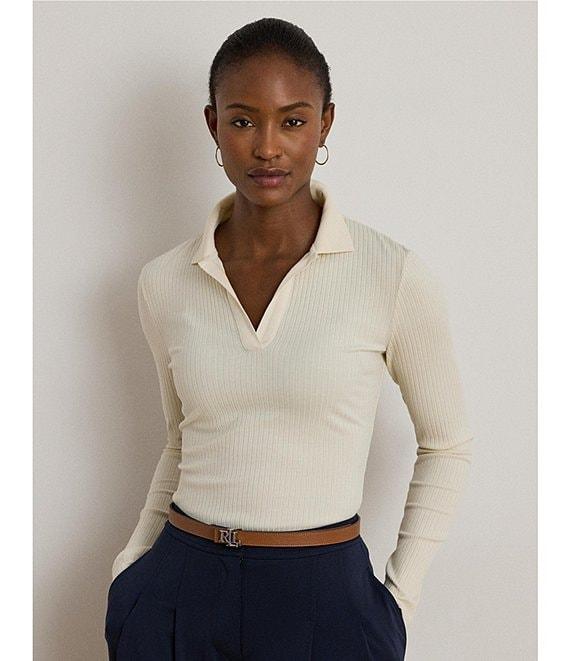Lauren Ralph Lauren Ribbed Knit V-Neck Johnny Collar Long Sleeve Top Product Image