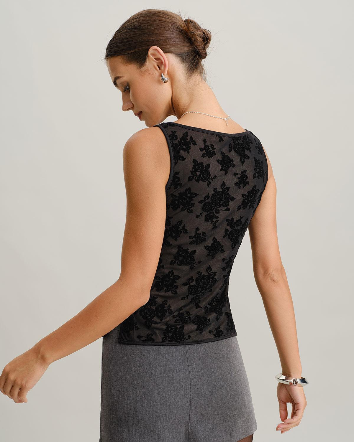 Black Floral Boat Neck Tank Top Product Image