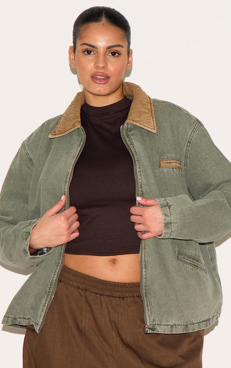 Plus Khaki Zip Up Contrast Collar Denim Jacket Product Image