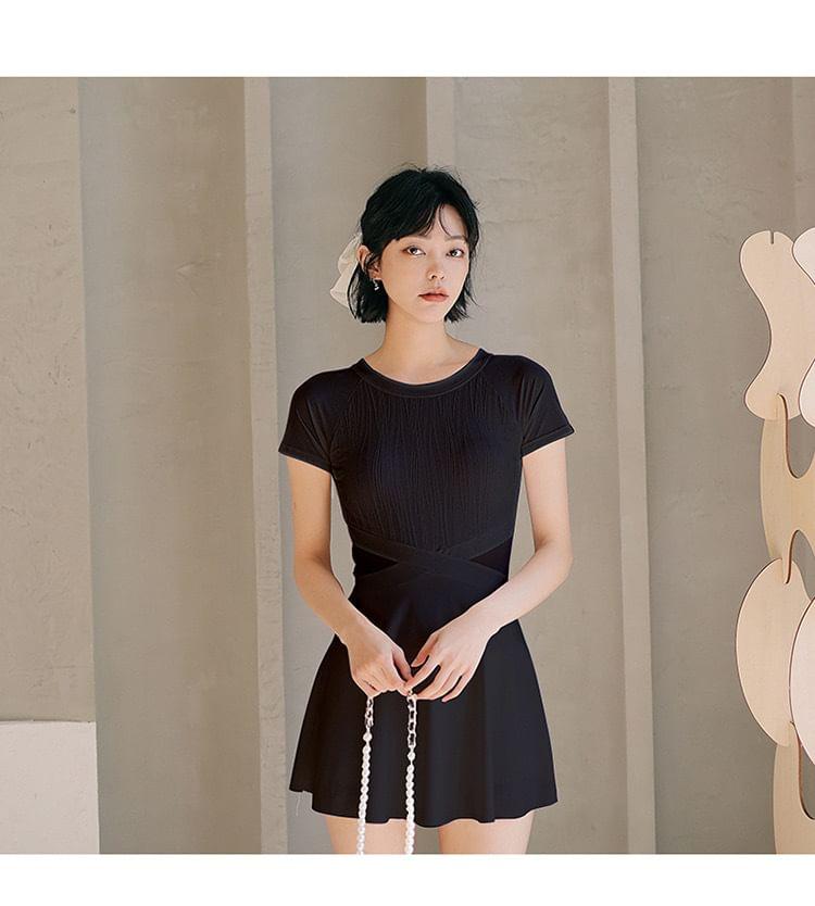 Short-Sleeve Open Back Swim Dress Product Image