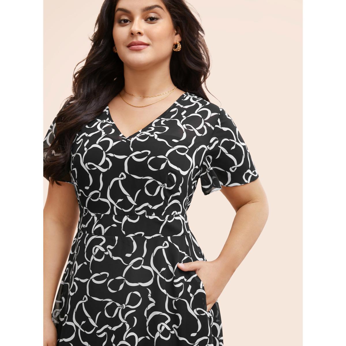 Plus Size Chiffon Bowknot Print Ruffle Sleeve Midi Dress Black Women Elegant See through V-neck Short sleeve Curvy BloomChic 10/M Product Image