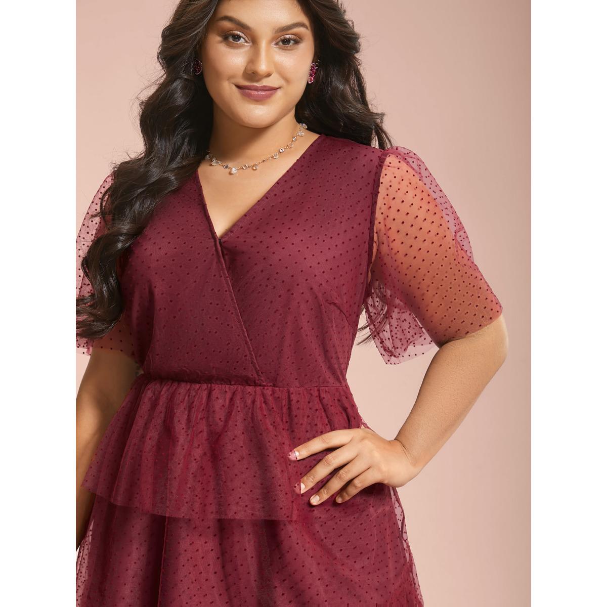 Plus Size Polka Dot Sheer Mesh Tiered Dress Burgundy Women Cocktail Texture Party Curvy Bloomchic 22-24/3X Product Image