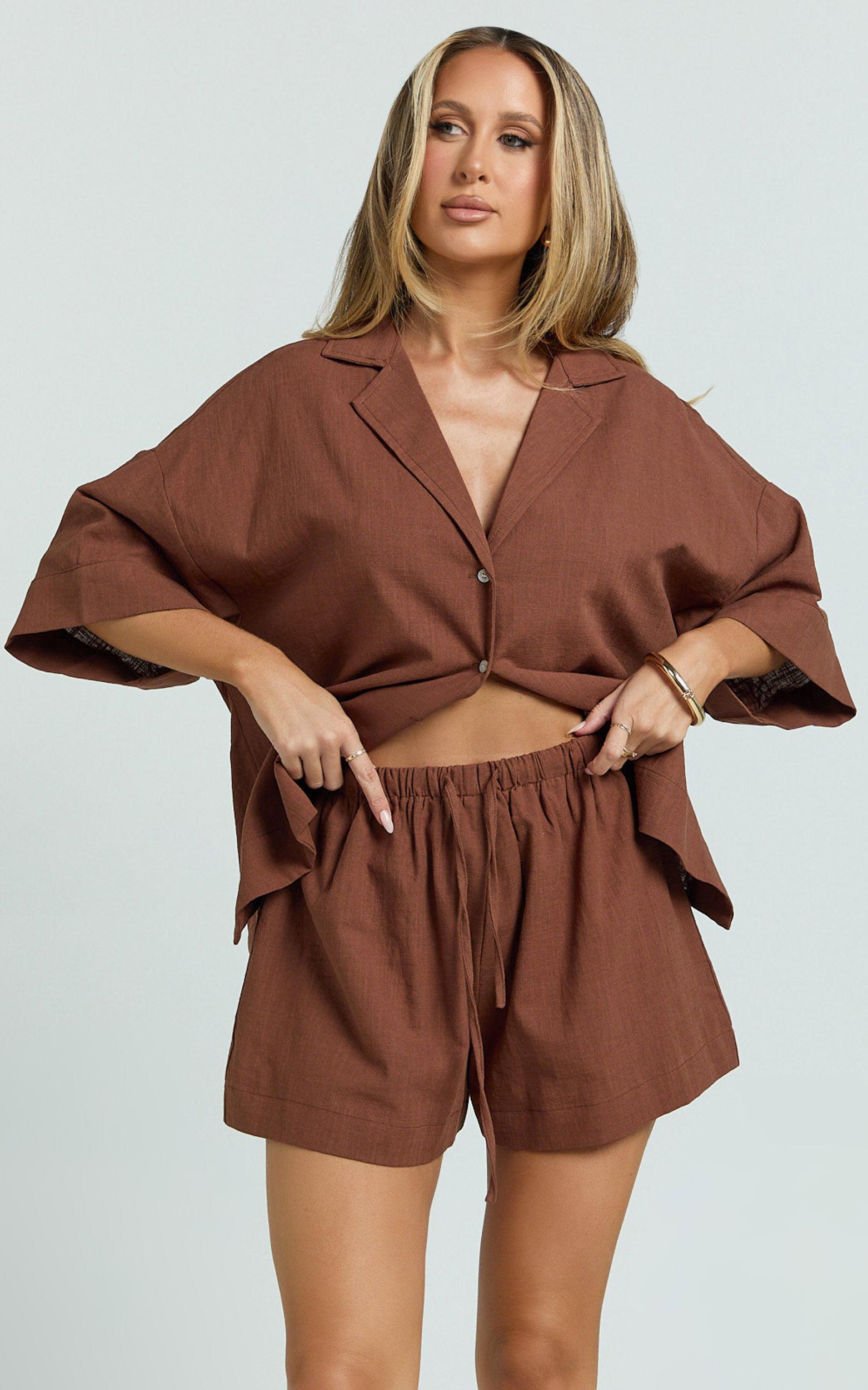Saina Two Piece Set - Button Through Shirt and Drawstring Shorts Set in Chocolate Product Image