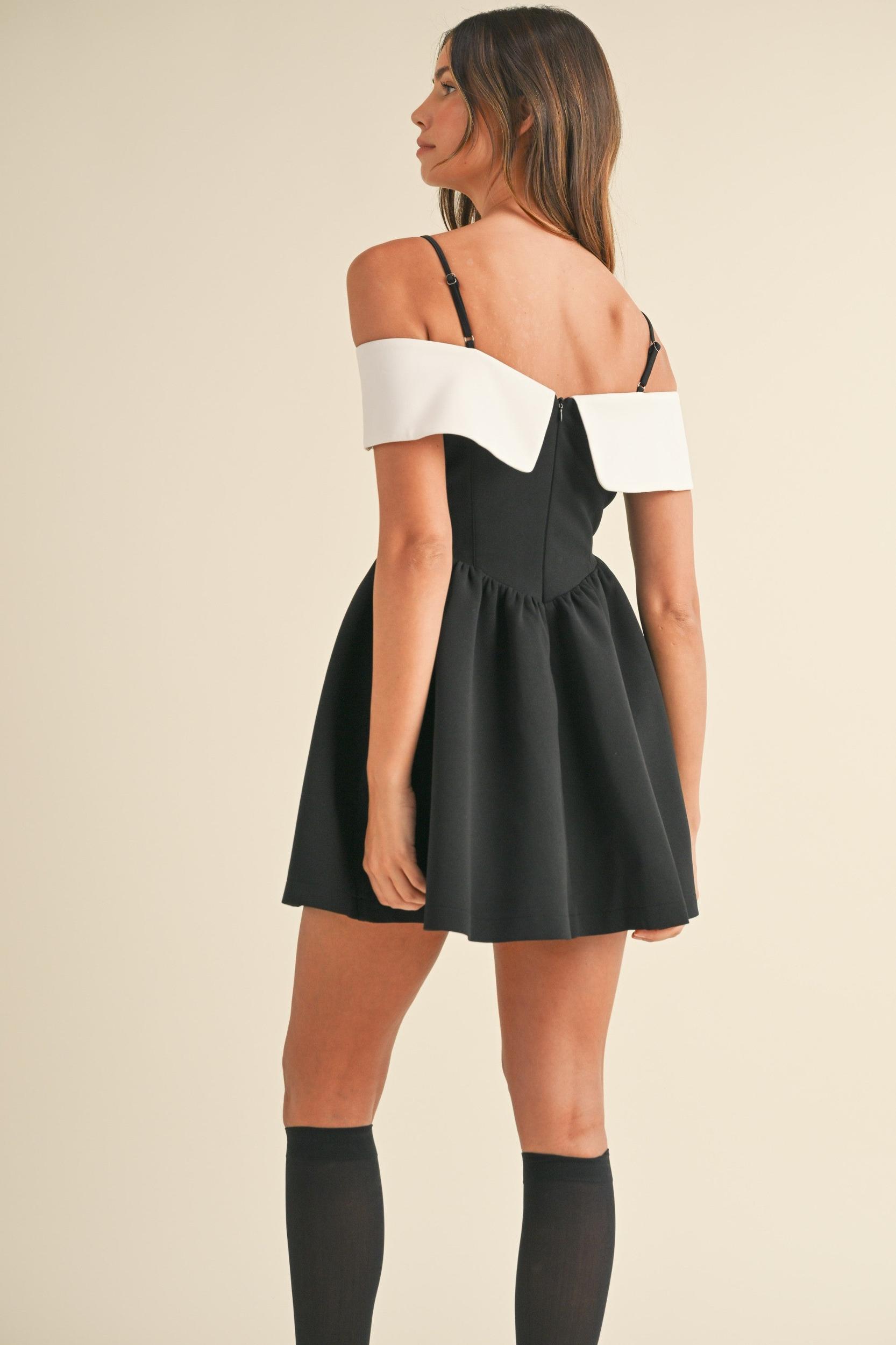 Bow Detail Off Shoulder Contrast Fit & Flare Dress Product Image