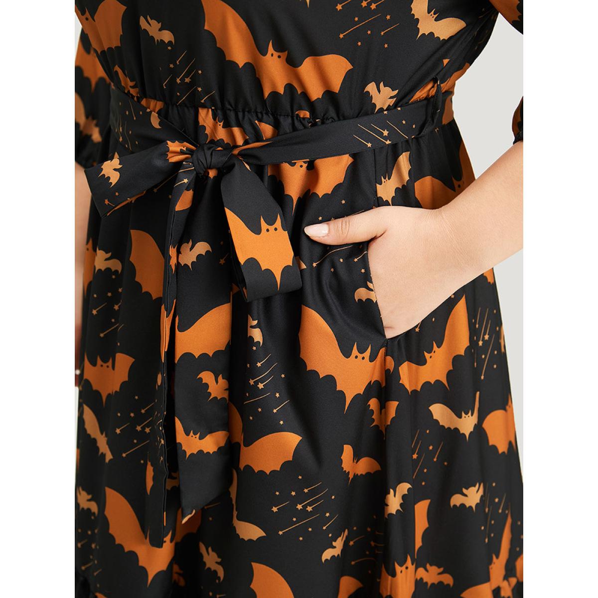 Plus Size Halloween Bat Print Notched Belted Pocket Dress Black Women Office Elastic cuffs Notched collar Elbow-length sleeve Curvy Midi Dress BloomChic 22-24/3X Product Image