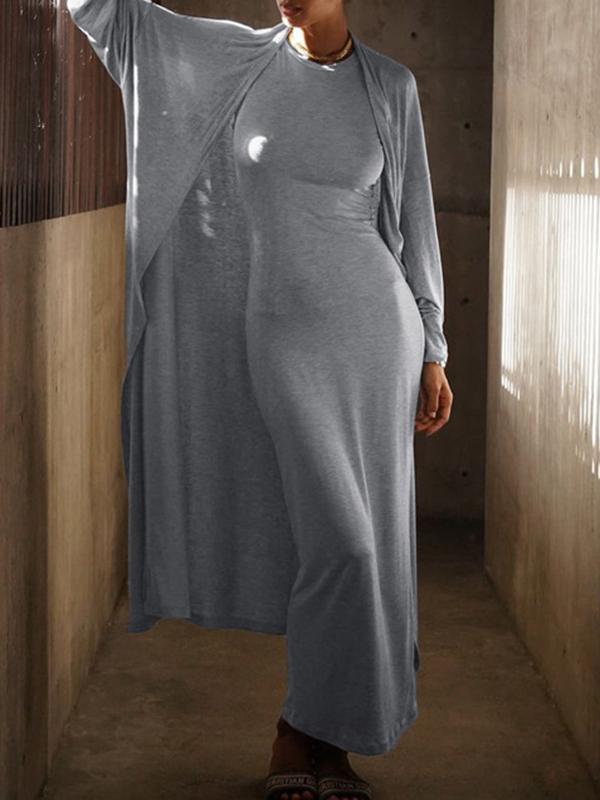 Long Sleeves Solid Color Round-Neck Inner Dress + Bodycon Outerwear Two Pieces Set Product Image