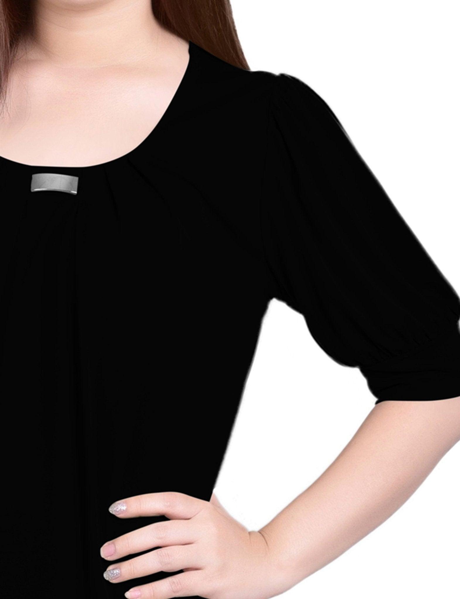 Black Short Sleeve Balloon Sleeve Top With Hardware - Petite Product Image