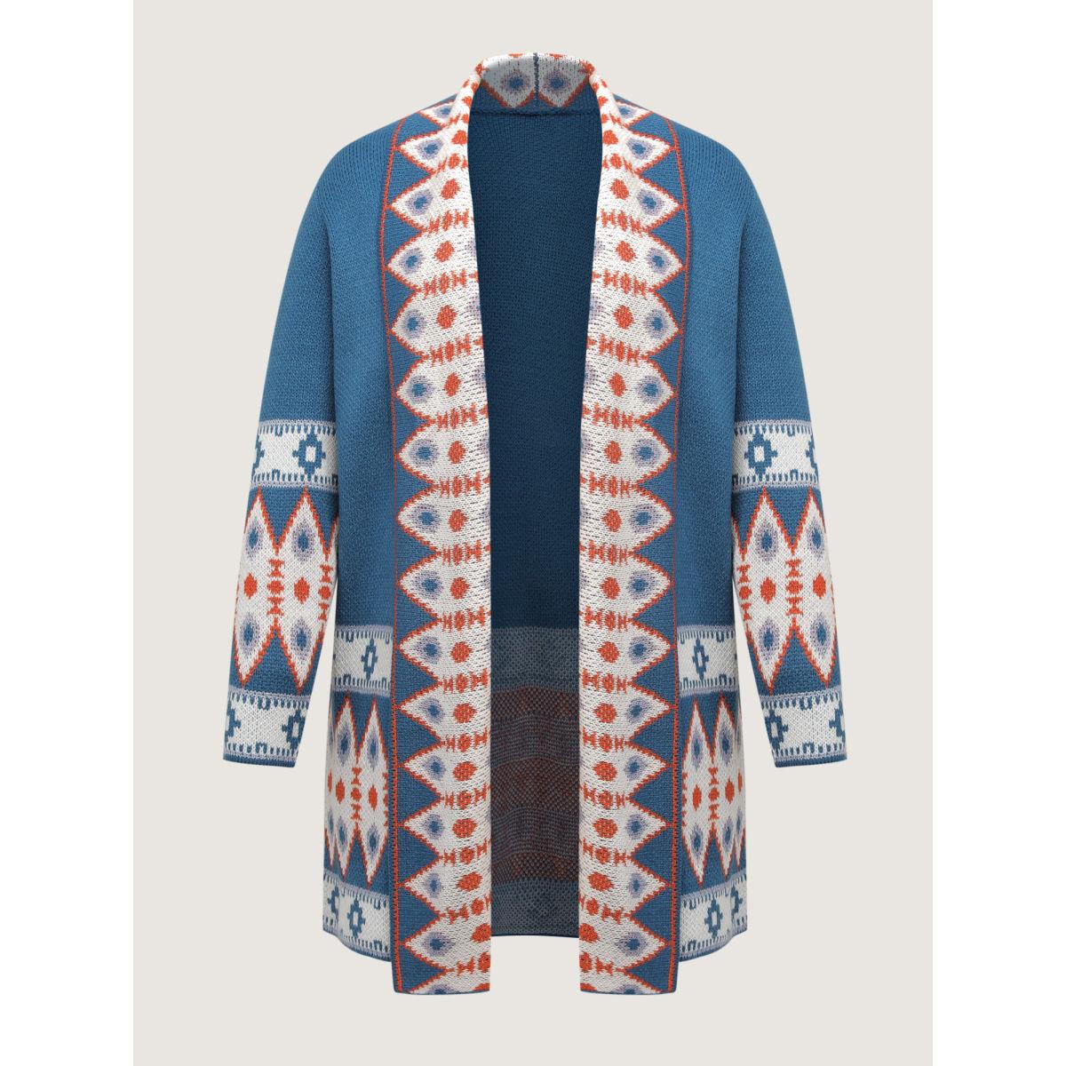 Plus Size Boho Pattern Jacquard Folded Collar Knit Cardigan LightBlue Women Boho Loose Long Sleeve Vacation Cardigans BloomChic 30/6X Product Image