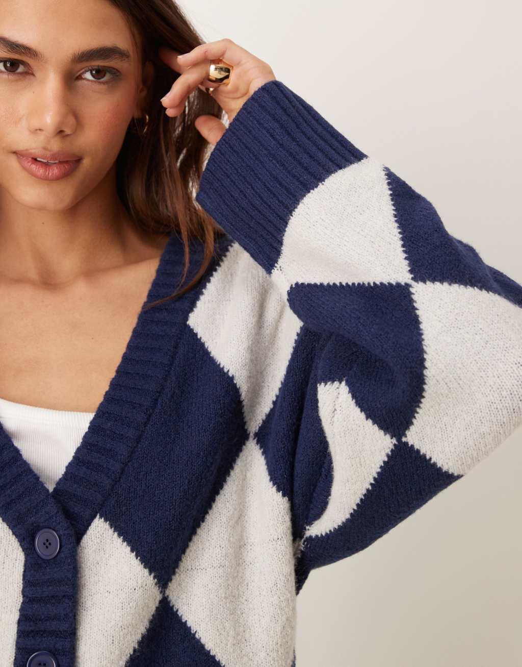 Neon Rose argyle longline cardigan in navy Product Image