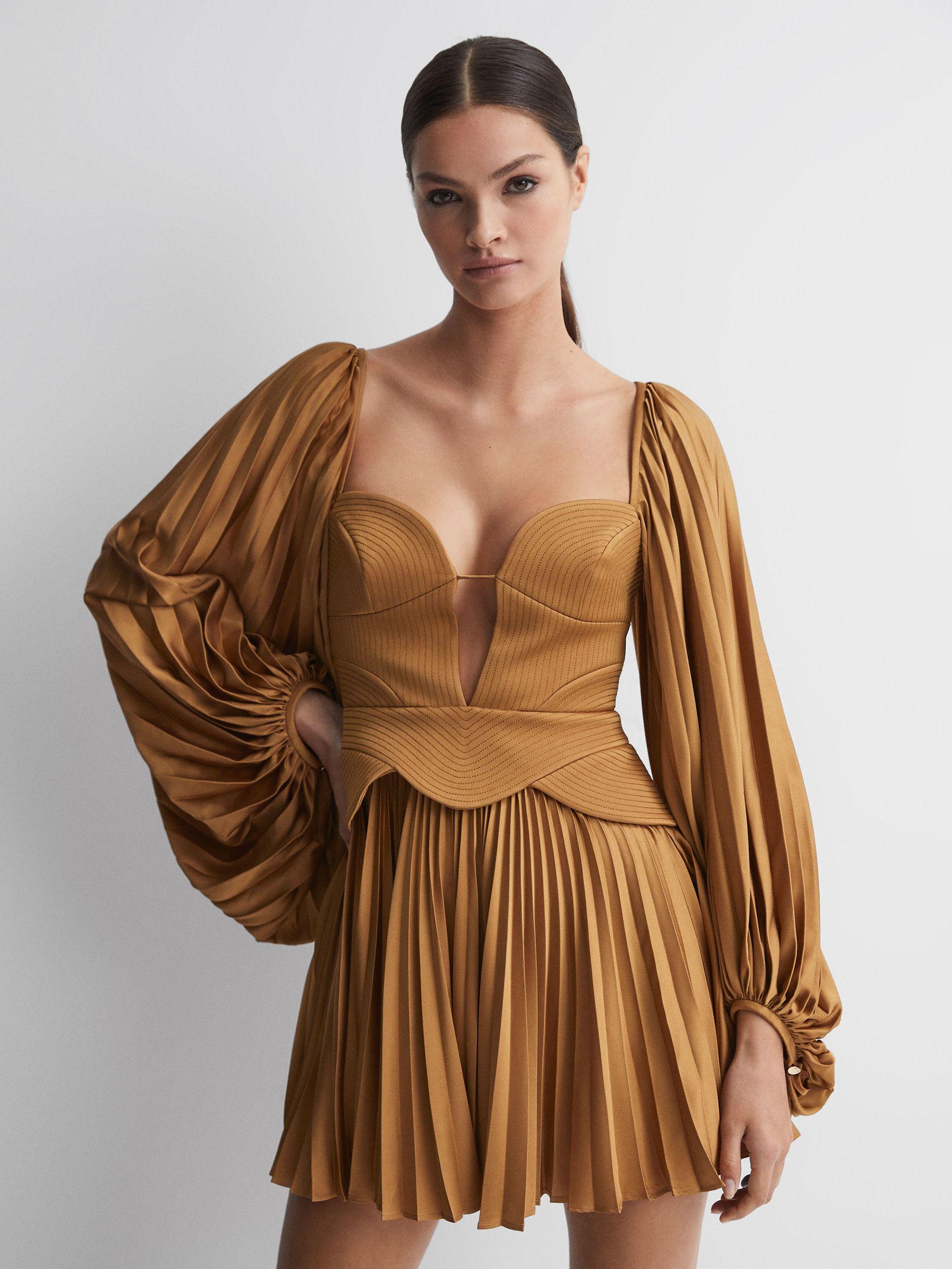 Acler Peplum Pleated Mini Dress in Gold Product Image