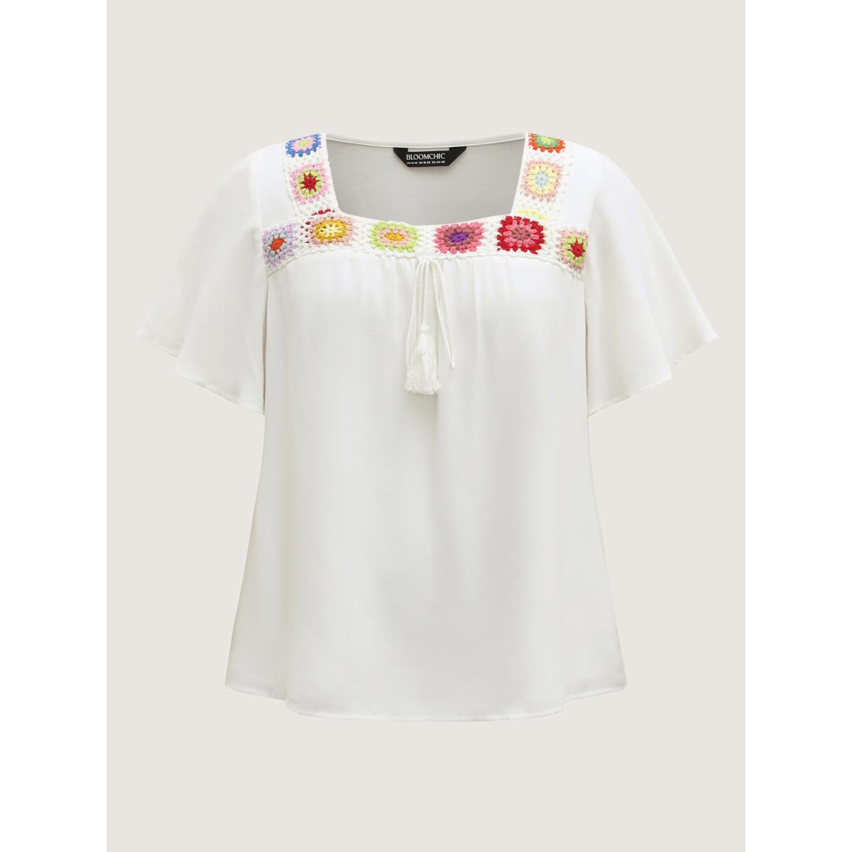 Plus Size WhiteSmoke Colorful Crochet Floral Tie Blouse Women Short sleeve Square Neck Vacation Blouses BloomChic 28/5X Product Image