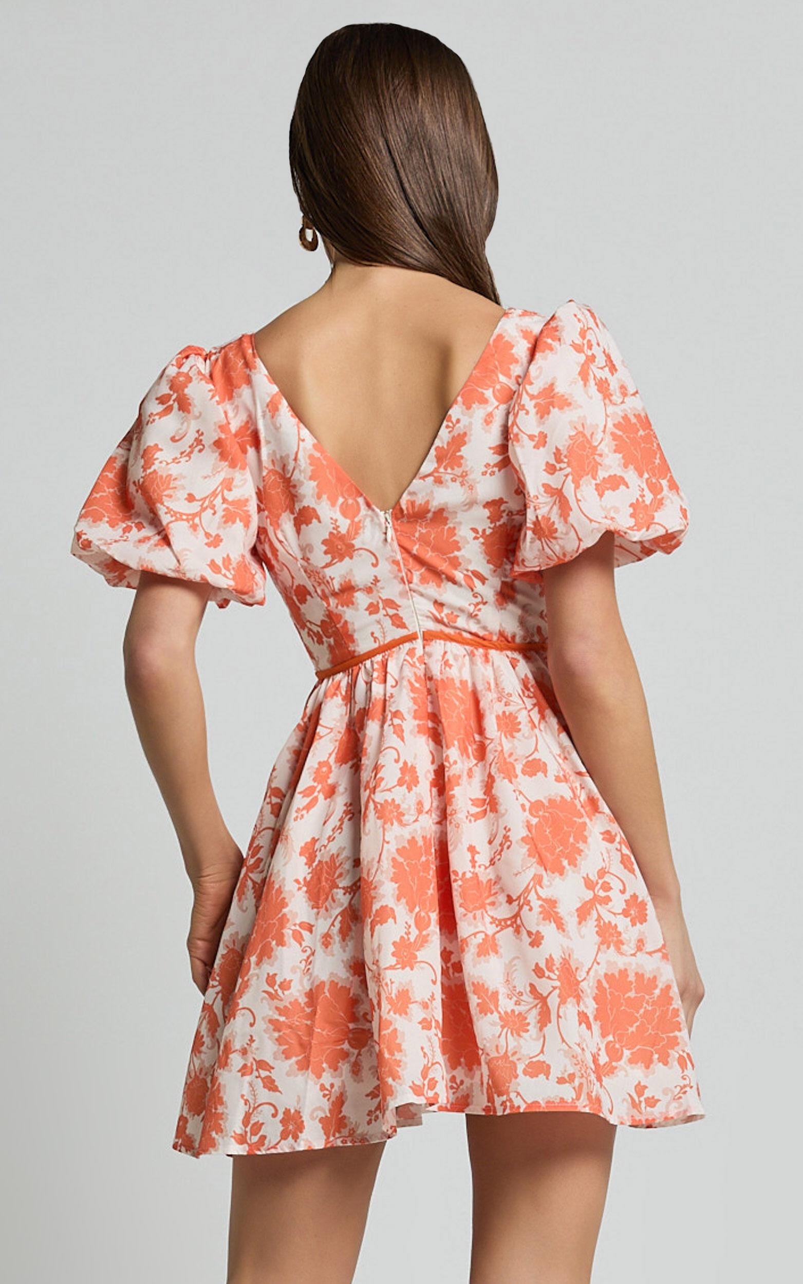 Natalia Mini Dress - Puff Sleeve Cut Out Dress in Orange Floral Product Image