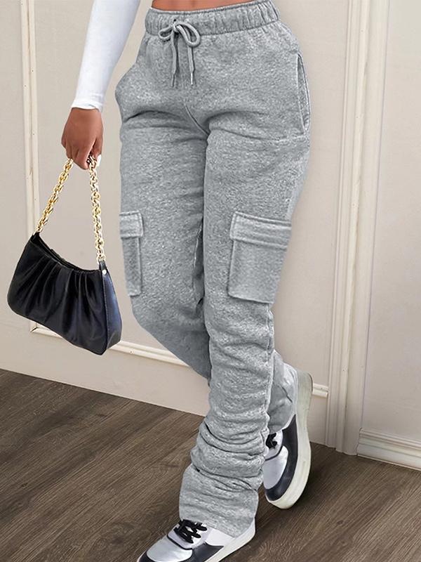 Solid Drawstring Multi Pocket Stacked Pants Product Image