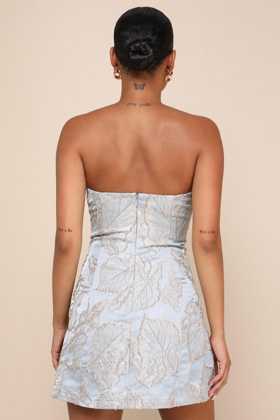 Aesthetic Pose Slate Blue and Gold Jacquard Strapless Mini Dress Product Image