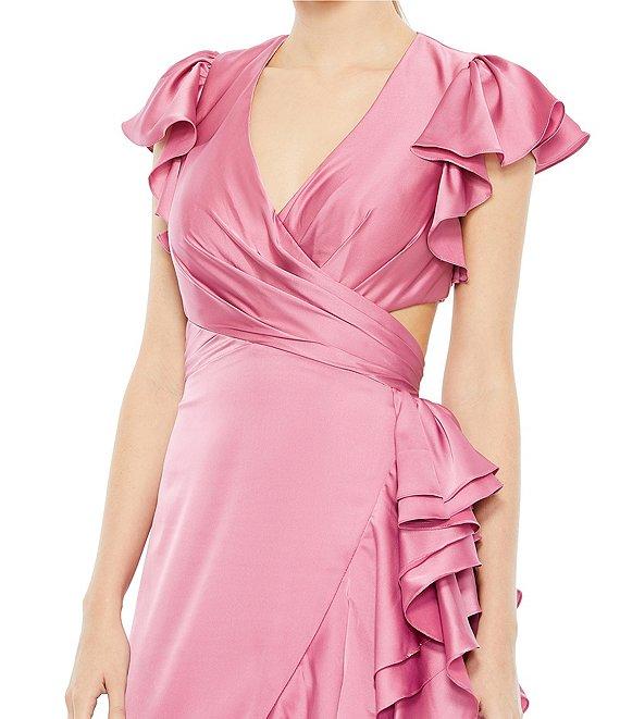 Mac Duggal Asymmetrical Layered Ruffle Hem Surplice V-Neck Cap Sleeve Cut Out Side Open Back Gown Product Image