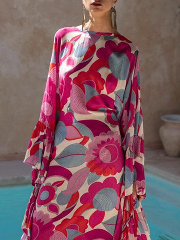 Batwing Sleeves Loose Flower Print Pleated Split-Joint Round-Neck Maxi Dresses Product Image