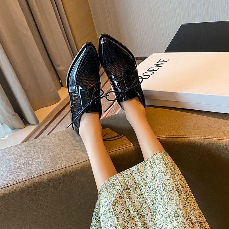 Mesh Panel Chunky Heel Lace-Up Shoes Product Image