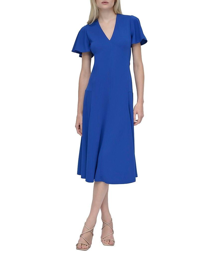 DKNY by Donna Karan Matte Jersey V Neck Short Sleeve Fit and Flare Midi Dress Product Image