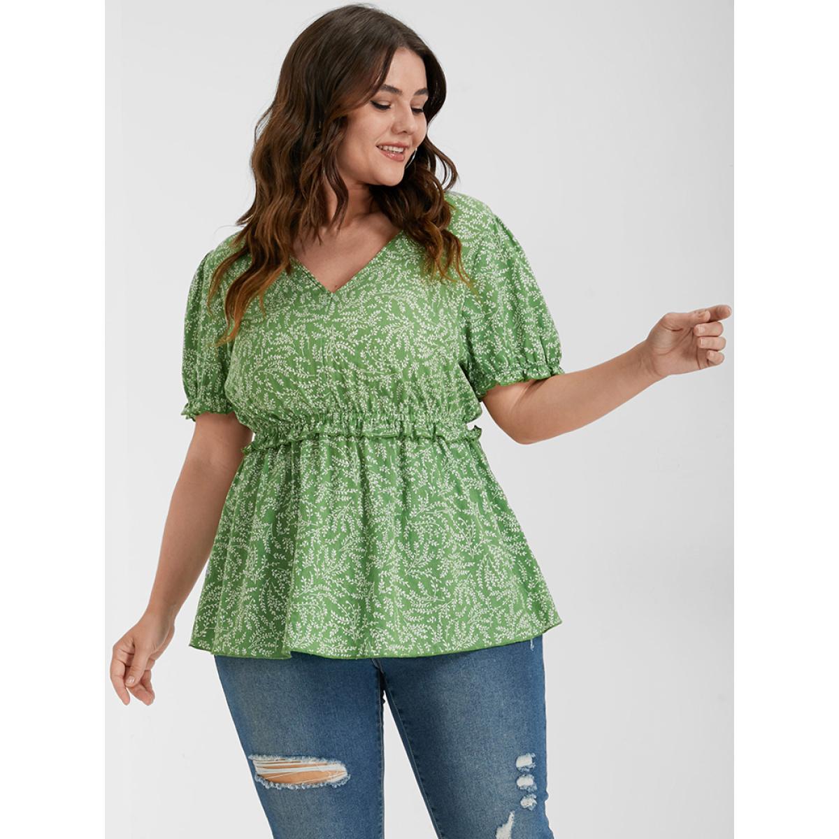 Plus Size SpringGreen Ditsy Floral Ruffled Trim Puff Sleeve V Neck Blouse Women Casual Short sleeve V-neck Dailywear Blouses BloomChic 18/2X Product Image