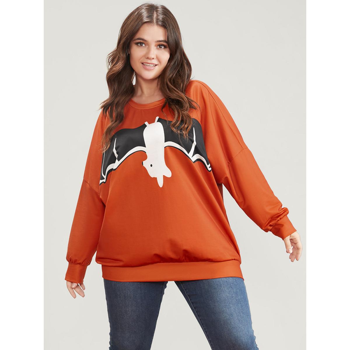 Plus Size Halloween Bat Print Round Neck Drop Shoulder Sweatshirt Women Orange Casual Printed Round Neck Festival-Halloween Sweatshirts BloomChic 30/6X Product Image