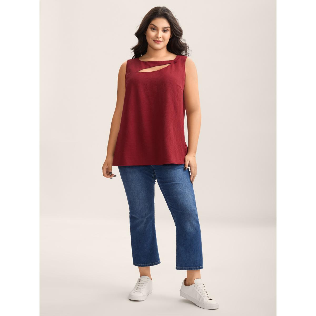 Plus Size Asymmetrical Neckline Cut-Out Solid Tank Top Women Burgundy Button Asymmetrical Neck Everyday-Casual Tank Tops Camis BloomChic 10/M Product Image