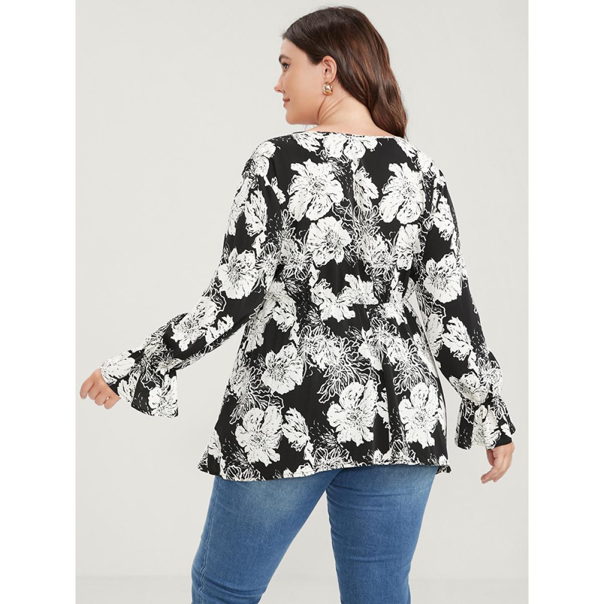Plus Size Black Floral Lantern Sleeve Tie Up Asymmetrical Hem Wrap Blouse Women Elegant Long Sleeve V-neck Dailywear Blouses BloomChic 22-24/3X Product Image