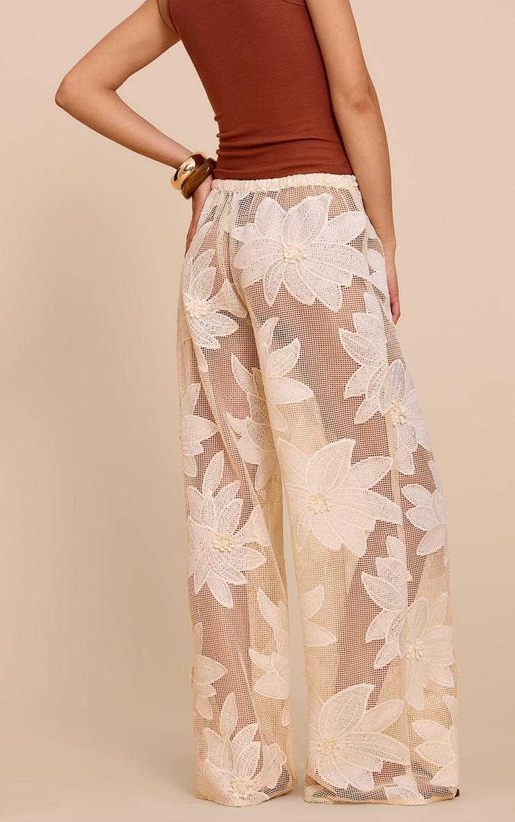 Beige Textured Flower Detail Wide Leg Pants Product Image