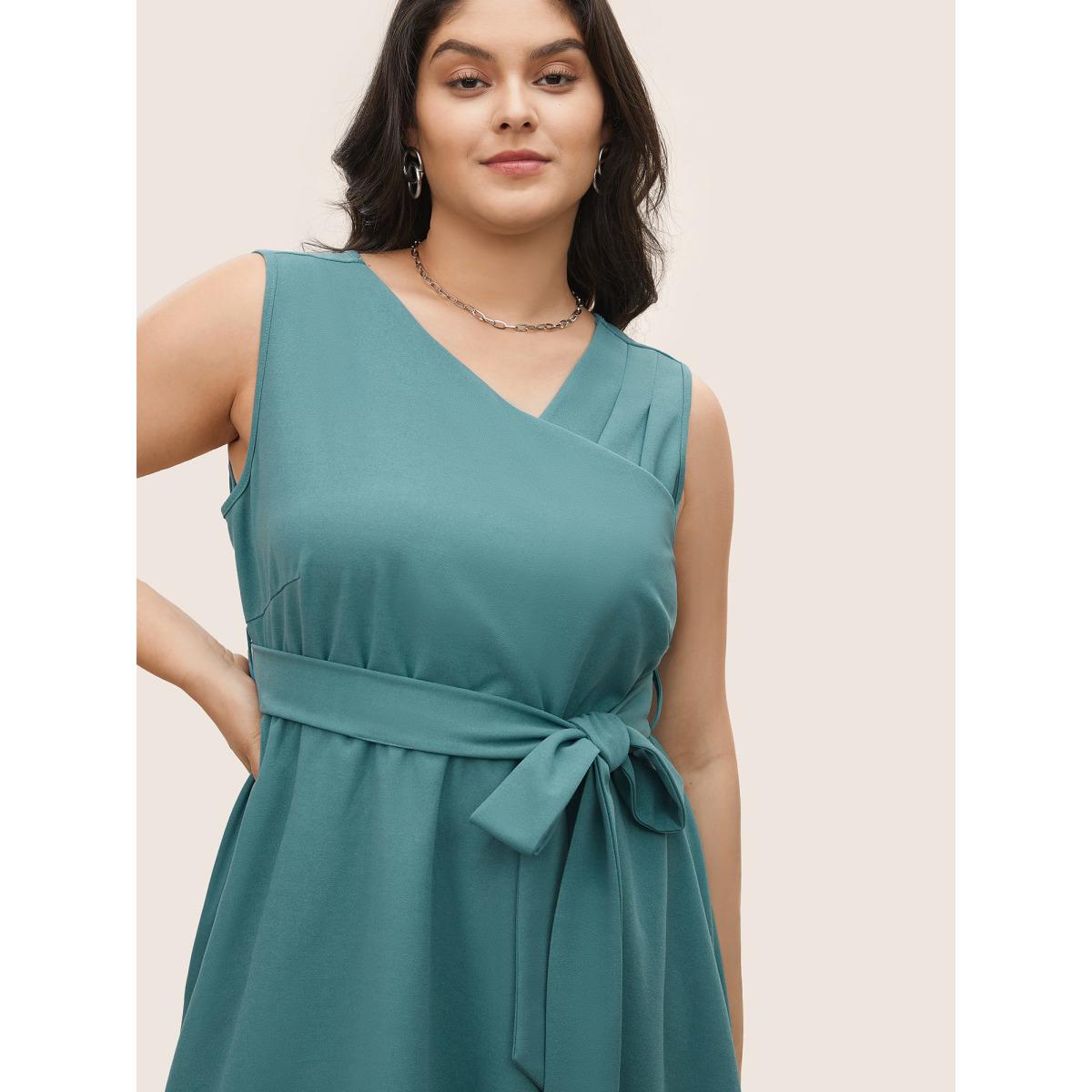 Plus Size Asymmetrical Neck Pleated Belted Sleeveless Dress Emerald Women At the Office Non Asymmetrical Neck Sleeveless Curvy Midi Dress BloomChic 22-24/3X Product Image