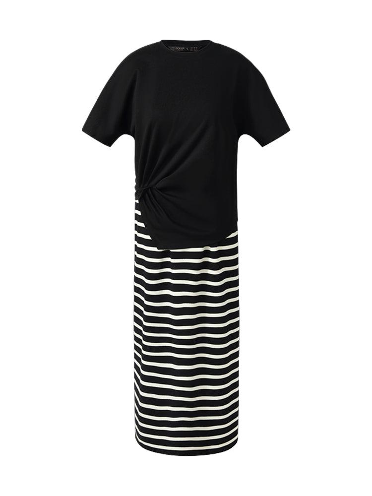 Triacetate Twist Front Knit T-Shirt And Stripe Skirt Two-Piece Set Product Image