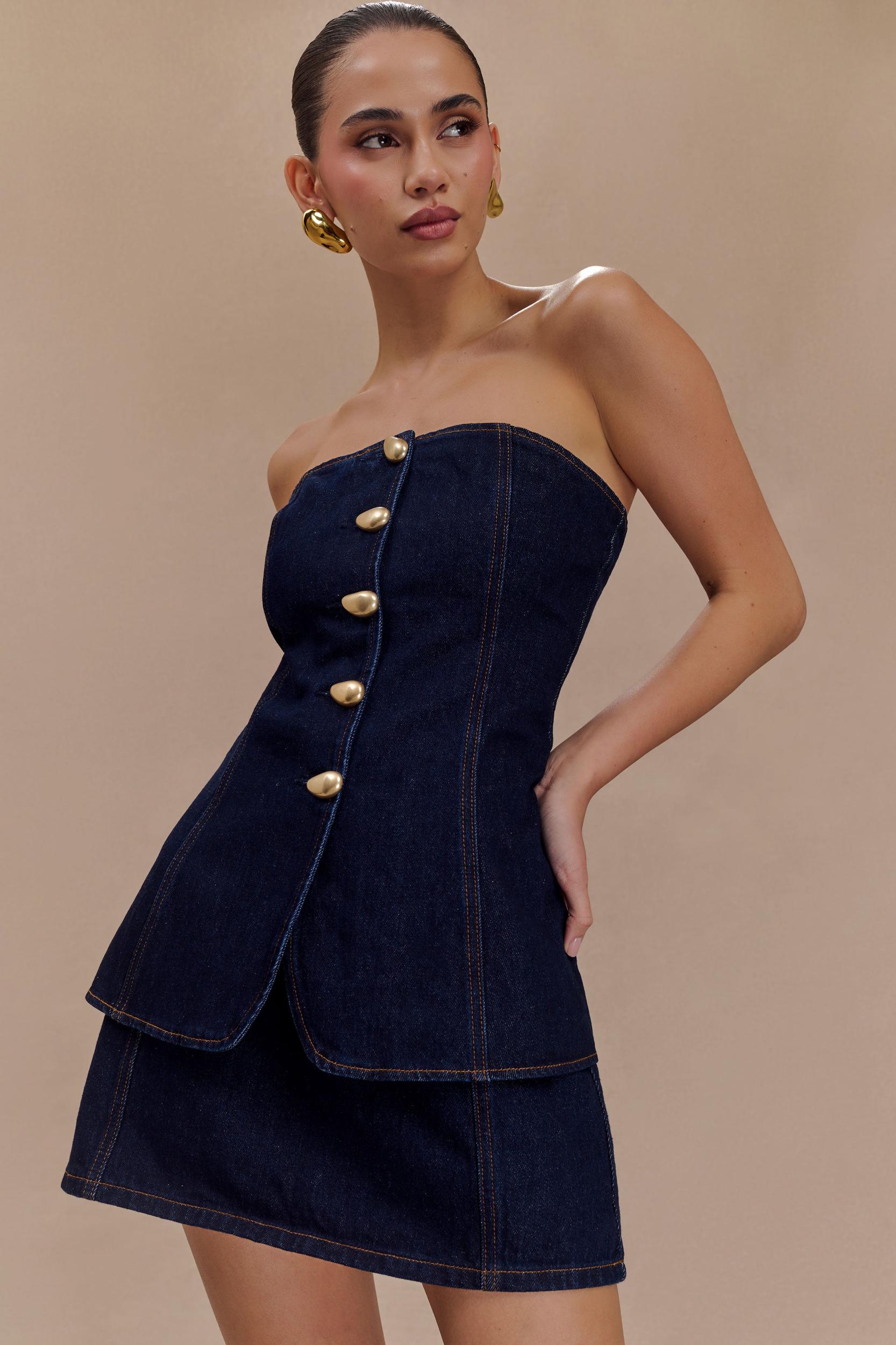 Lennox Strapless Long Line Button Top - Indigo Blue Product Image