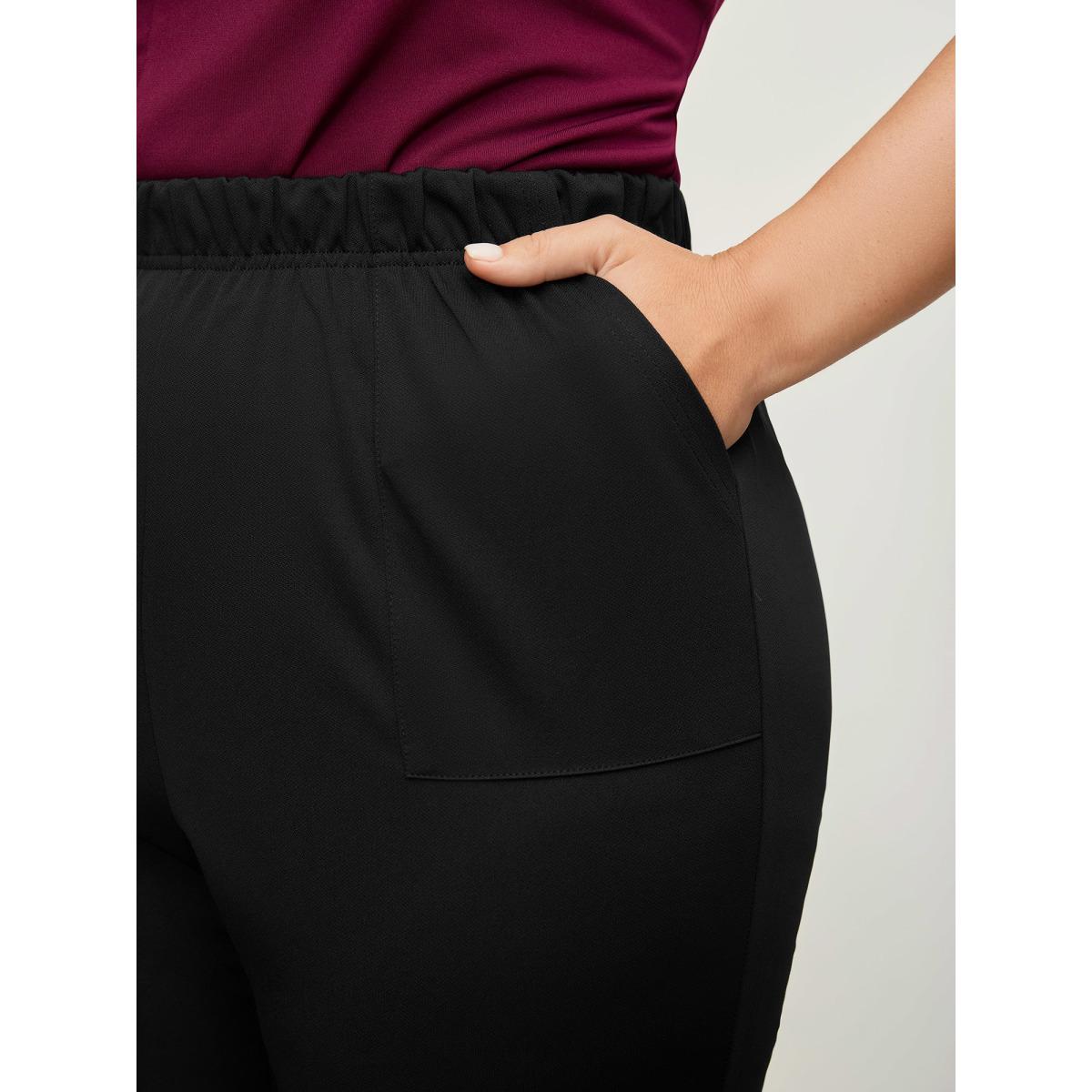 Plus Size Solid Pocket Flare Leg Elastic Waist Pants Women Black Office Flare Leg High Rise Office Pants BloomChic 28/5X Product Image
