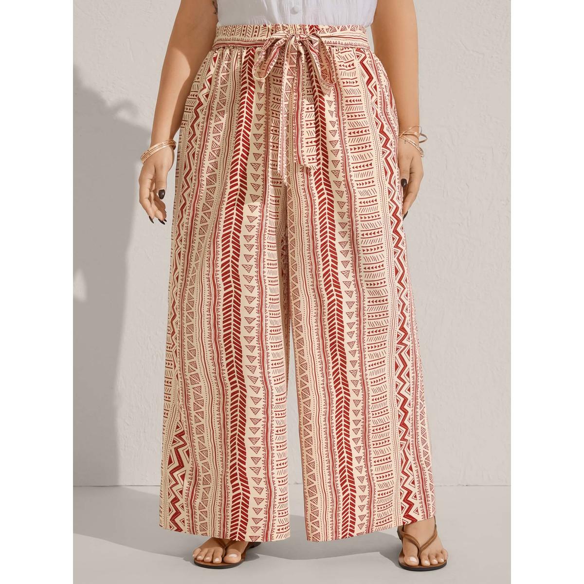Plus Size Waist-Tie Wide-Leg Boho Print Pants Women Rust Casual Wide Leg Mid Rise Everyday-Casual Pants BloomChic 18-20/2X Product Image