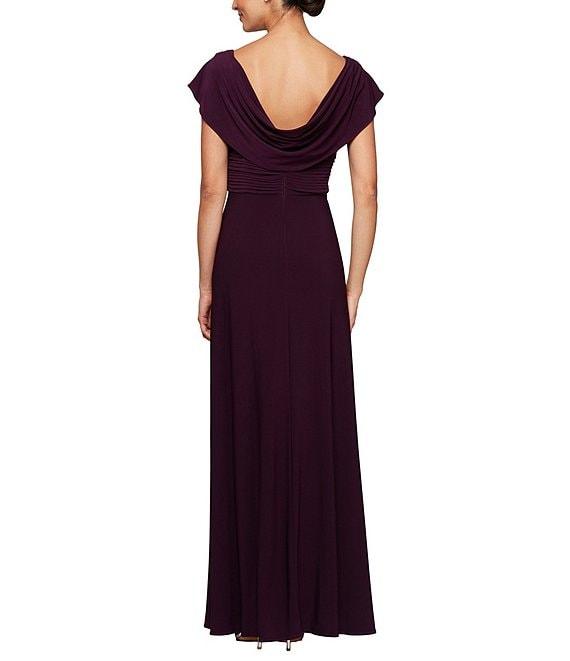 Alex Evenings Matte Jersey Cowl Neck Drape Back Detail Short Sleeve Side Embellishment Pleated Thigh High Slit Long Gown Product Image