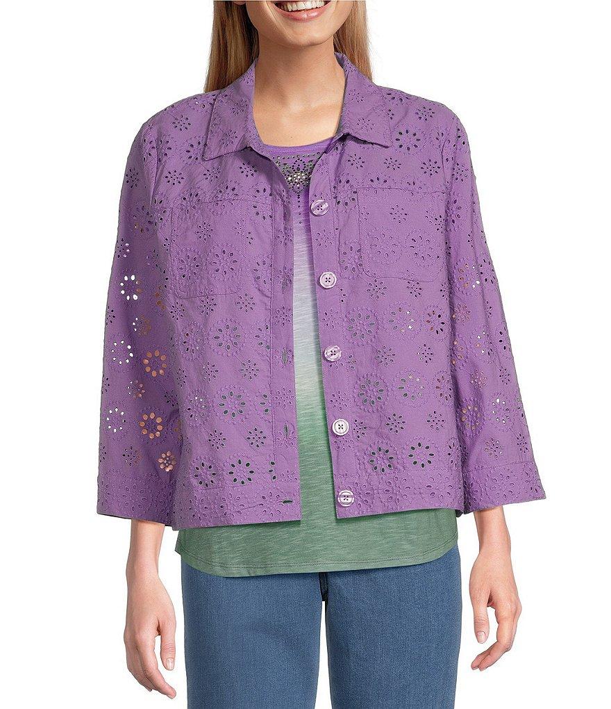 Allison Daley Petite Size 3/4 Sleeve Point Collar Button Front Eyelet Jacket Product Image
