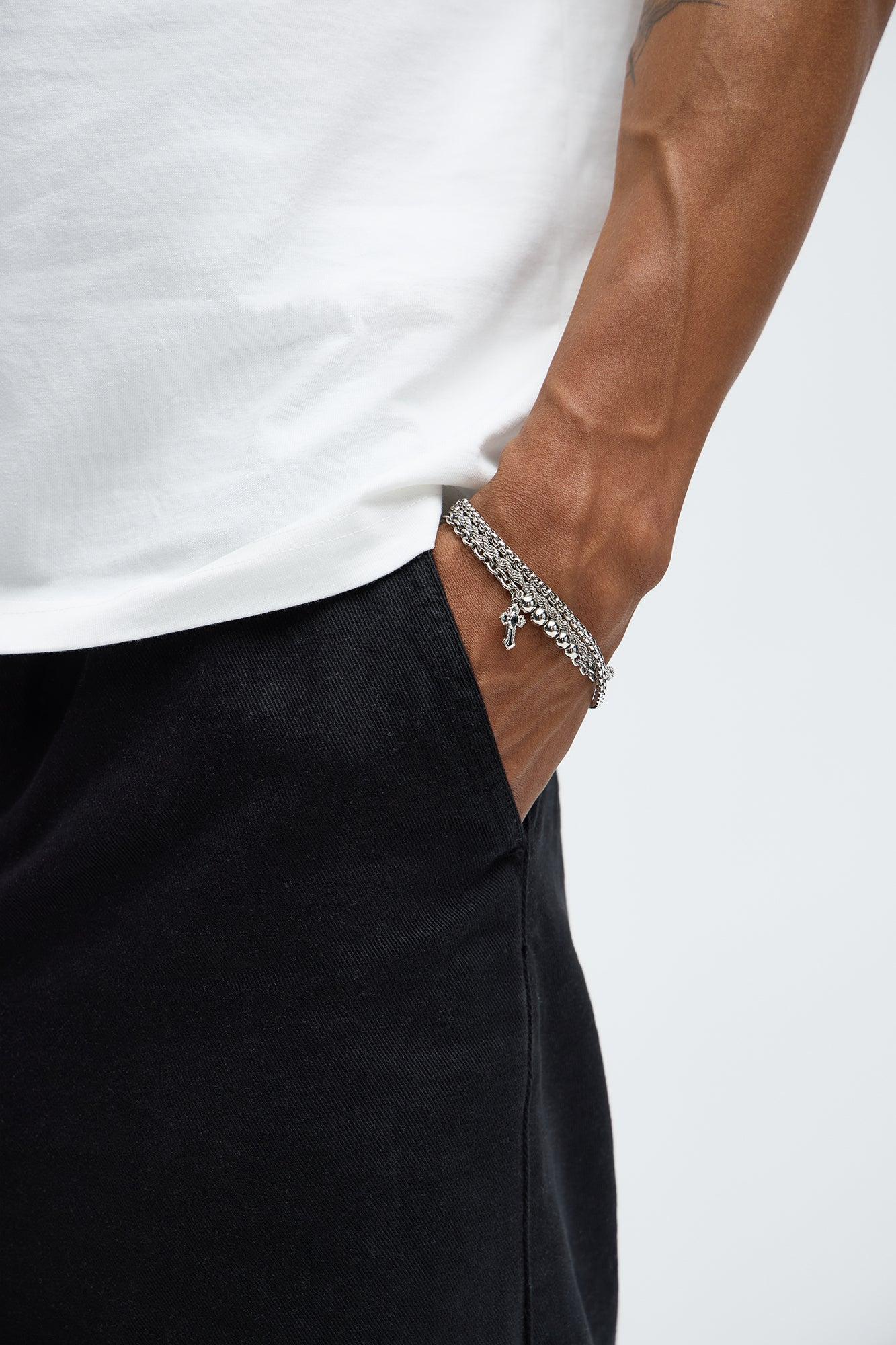 Gatsby Cross Beaded Bracelet Set - Silver/Black Product Image