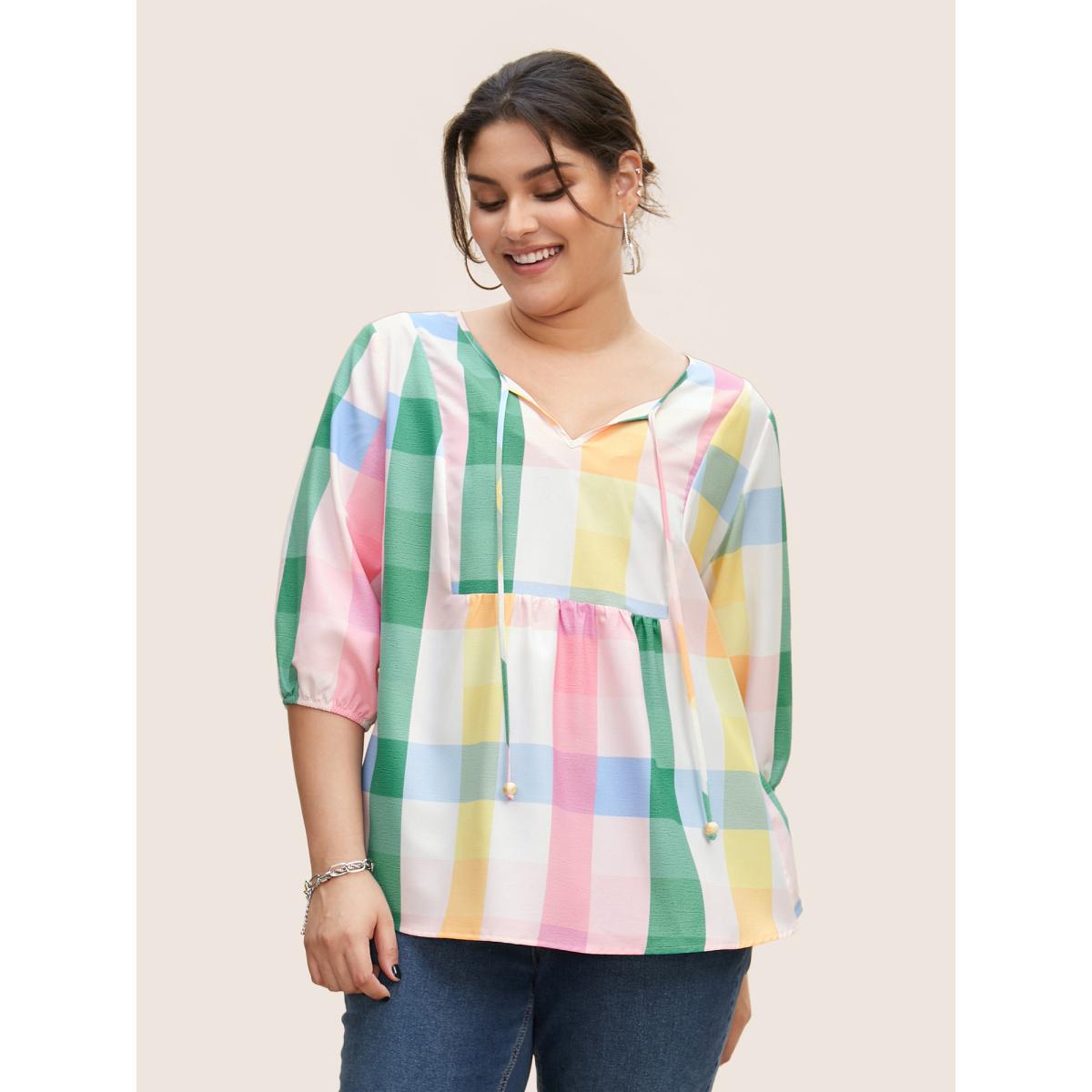 Plus Size Multicolor Contrast Plaid Tie Knot Lantern Sleeve Blouse Women Casual Elbow-length sleeve V-neck Everyday Blouses BloomChic 14-16/1X Product Image