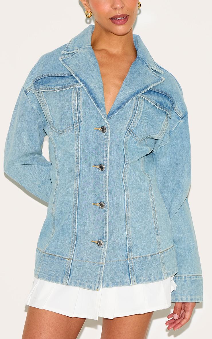 Petite Light Blue Denim Fitted Mini Dress With Pleat Details Product Image