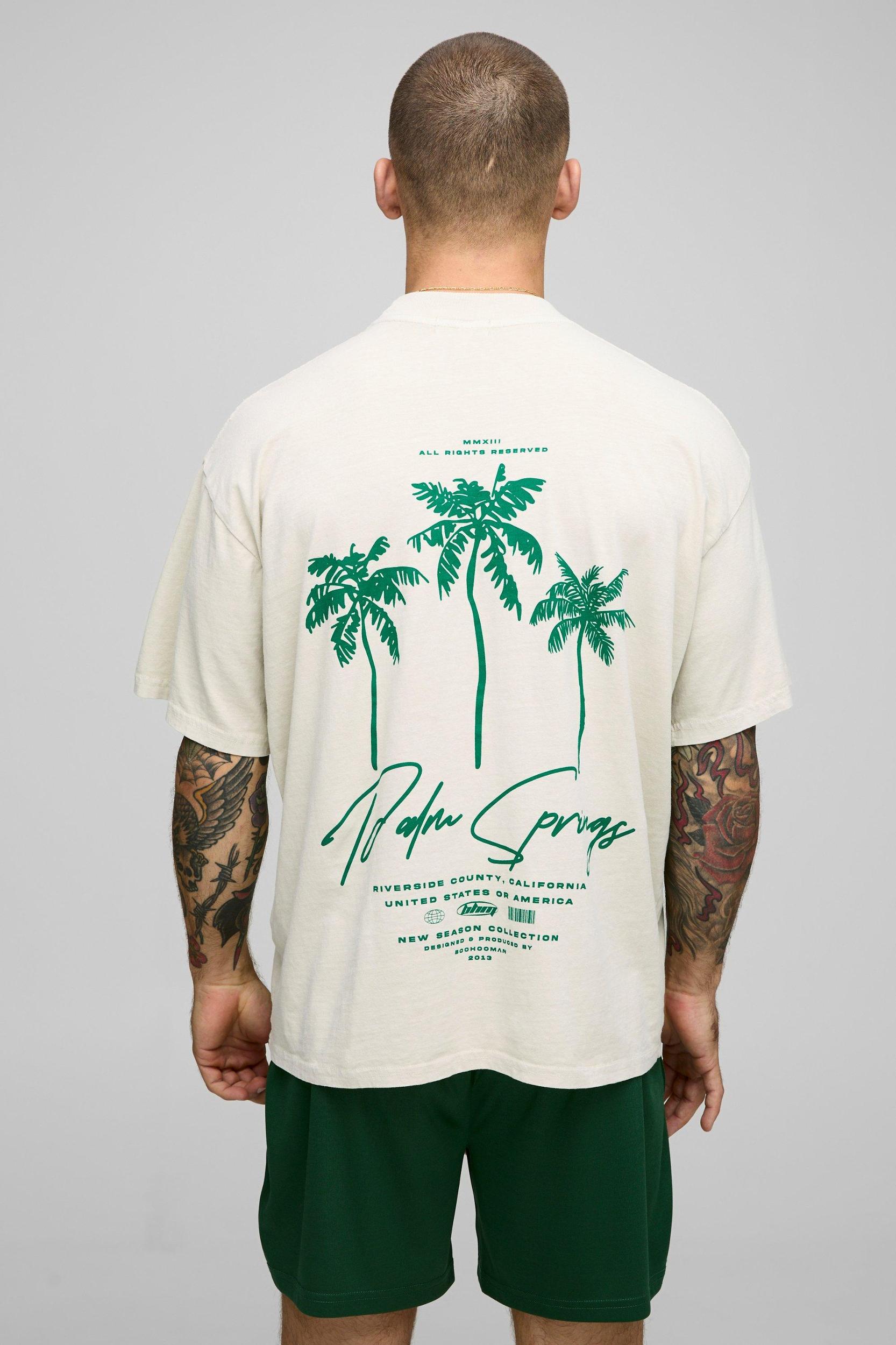 Oversized Extended Neck Palm Springs Graphic Washed T-Shirt | boohooMAN USA Product Image