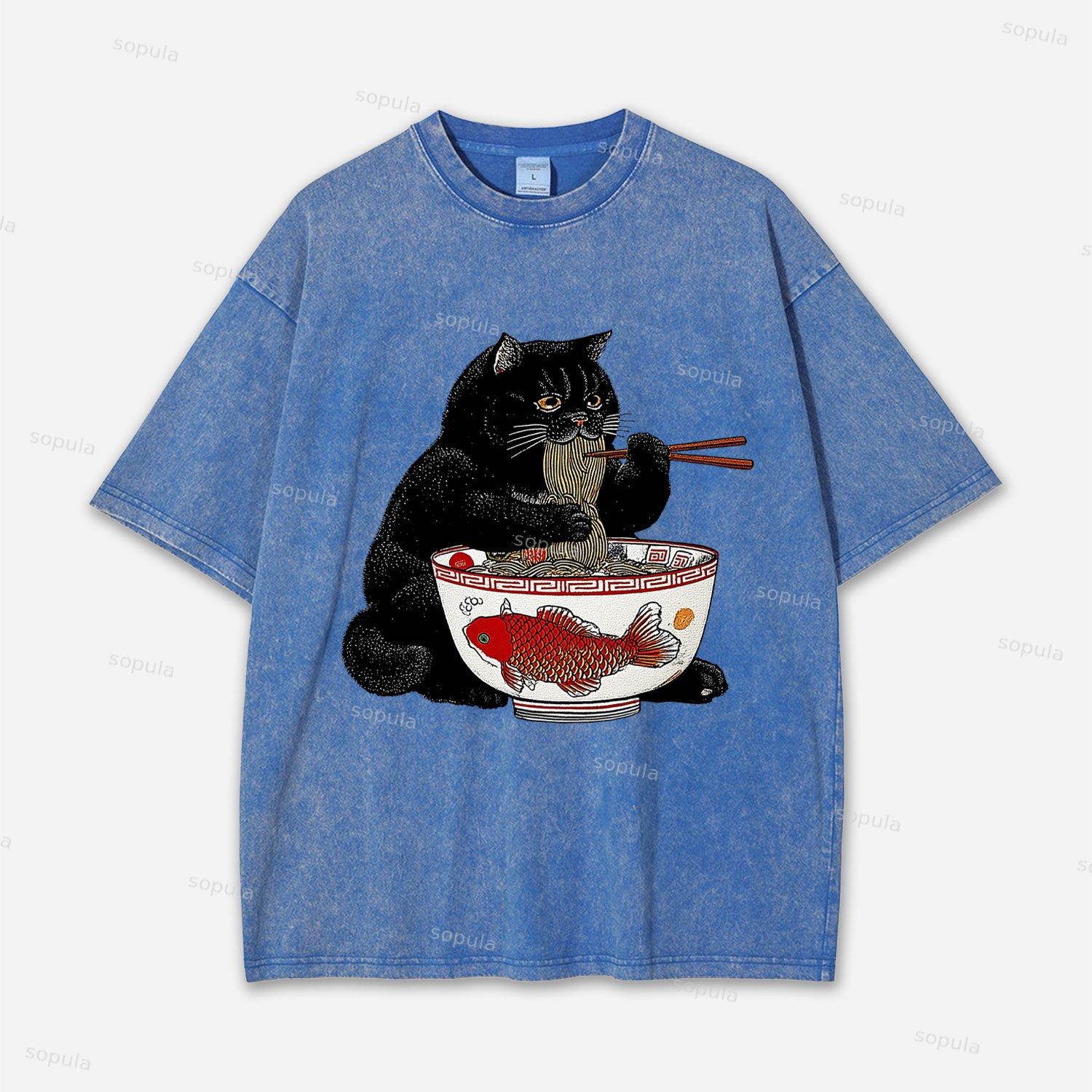 Fat Cat Eating Ramen Acid Washed T-shirt Product Image