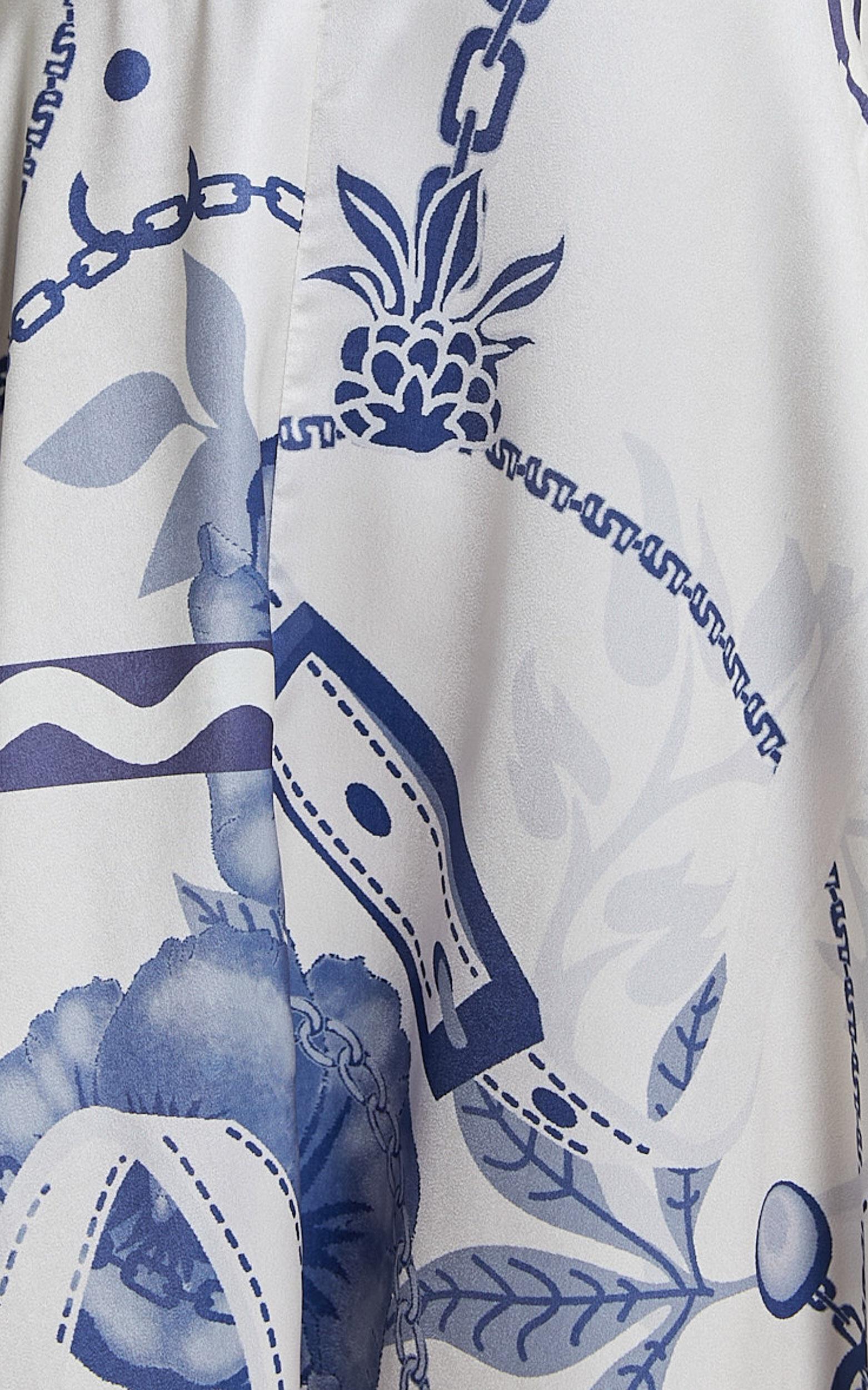 Yasmine Midi Dress - Straight Neck Sleeveless A Line Dress in Blue and White Porcelain Print Product Image