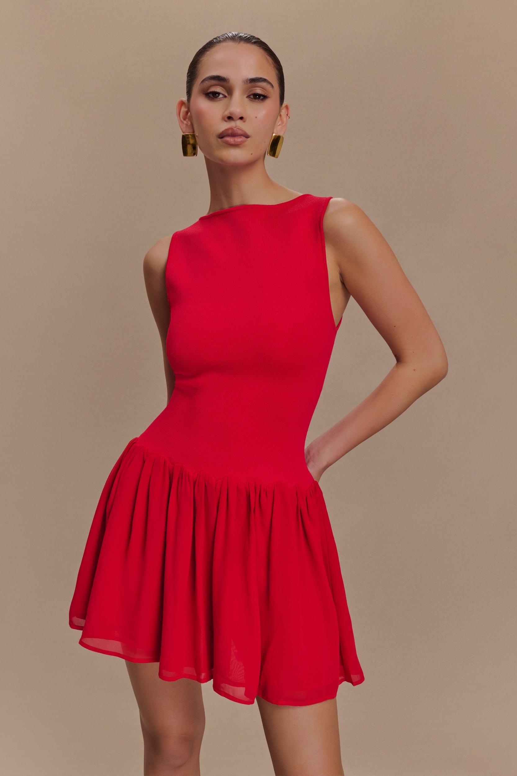 Ashleigh Knit And Chiffon Mini Dress - Red Product Image