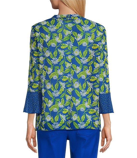 Multiples Blue Print Onionskin Shawl Neck 3/4 Flounce Sleeve Open-Front Jacket Product Image