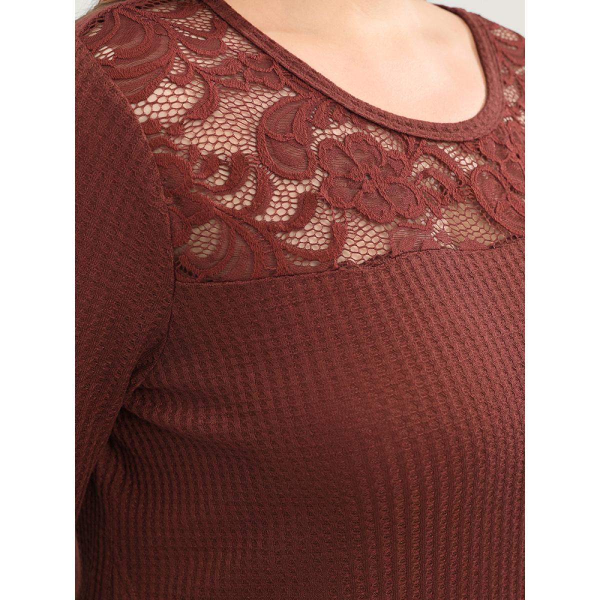 Plus Size Solid Lace Button Detail Waffle Knit Sweatshirt Women Scarlet Elegant Patchwork Round Neck Dailywear Sweatshirts BloomChic 12/L Product Image
